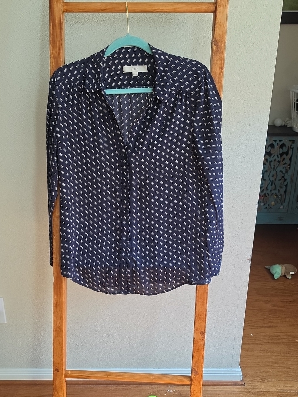 LOFT Navy Button-Front Printed Blouse